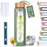 Aqulea 32 Oz Glass Water Bottle with Times to Drink - BPA Free Reusable Wide Mouth Glass Motivational Water Bottles with Infuser & Silicone Sleeve – Borosilicate Water Bottle with Time Marker
