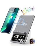AFK Wireless Charging Station with Bluetooth Speaker and Alarm Clock, 4 in 1 Wireless Charger Compatible with iPhone 15 14 13 12 11 Pro Max Series,Samsung Series,Other Android Phones(Grey-White)