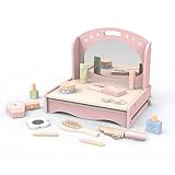 Wooden Vanity Table Toy for Little Girls, Kids Beauty Salon Play Set with Accessories 15 pcs, Pretend Play Toddler Makeup Kit Tabletop Dresser for Children Ages 3 4 5 6 Years Old