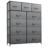 WLIVE 11-Drawer Dresser, Fabric Storage Tower for Bedroom, Hallway, Closets, Tall Chest Organizer Unit with Textured Print Fabric Bins, Steel Frame, Wood Top, Easy Pull Handle, Dark Grey