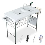 Garturects Folding Fish Cleaning Table Portable - Camping Sink Table Outdoor Sink Station with Faucet Drainage Hose & Sprayer Fish Fillet Cleaning Station