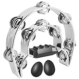 EastRock Double Row Tambourine,Metal Jingles Hand Held Percussion-Half Moon Tambourine for Adults, KTV, Party Silver