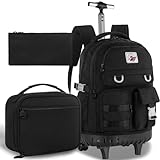 CCJPX Rolling Backpack for Girls Women, 21 inch Roller Wheels School Bookbag, Wheeled Suitcase Backpacks with Lunch Bag for Teen - Black