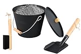 FEED GARDEN 1.5 Gallon Mini Ash Bucket with Lid,Shovel,Broom and Screwdriver,Iron Metal Bucket,Pellet Charcoal Bucket Ash Can for Fireplace Fire Pits,Hearth,Wood Stoves,Indoor Outdoor，Black