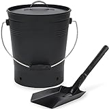 INNO STAGE Ash Bucket with Lid and Wood Handle Coal Shovel, Ash Carrier Pail Fireplace Tools,Fire Pit,Wood Burning Stove Black