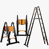 FEETE A Frame Telescoping Ladder, 14.5FT Aluminum Lightweight Extension Ladder w/Triangle Stabilizers, Stabilizer Bar & Movable Wheels, 330lbs Capacity Telescopic Ladder for Home, Outdoor (Orange)