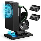 Charger Stand with Cooling Fan for Xbox Series S Console and Controller,Vertical Dual Charging Dock Accessories with 2 x 1400mAh Rechargeable Battery and Cover, Earphone Bracket for XSS(Black)