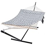 SUNCREAT Outdoor Double Hammock with Stand, Two Person Cotton Rope Hammock with Polyester Pad, Circle Pattern