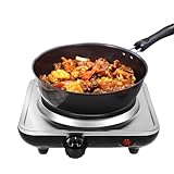 Uten Electric Countertop Single Burner, 1000W Cooktop with 8.26 Inch Cast Iron Hot Plate, 5 Level Temperature Control, Compact Cooking Stove and Easy to Clean Stainless Steel Base, Silver