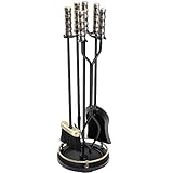 AMAGABELI GARDEN & HOME 30in Fireplace Tools Set Brass Handle 5Pieces Wrought Iron Indoor Fireset Stand Wood Log Holder Hearth Accessories Kit Antique Fire Tongs Shovel Brush Chimney Poker Tool Set