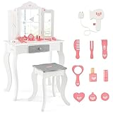 Costzon Kids Vanity Set, 2 in 1 Princess Makeup Dressing Table & Chair Set w/Detachable Tri-fold Mirror, Toddler Vanity with Drawer & Accessories, Pretend Play Vanity Set for Little Girls (White)