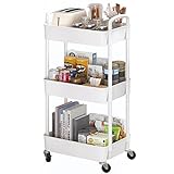 Sywhitta 3-Tier Plastic Rolling Utility Cart with Handle, Multi-Functional Storage Trolley for Office, Living Room, Kitchen, Movable Storage Organizer with Wheels, White
