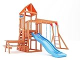 Dolphin Playground Cedar Wooden Swing Sets for Backyard, Outdoor Playset for Kids with Monkey Bar, 2 in 1 Outdoor Table, Wave Slide, Climbing Wall, and 2 Belt Swings, Playground Sets for Backyards