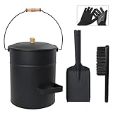 Poofzy Ash Bucket with Lid, 4 Gallon Galvanized Metal Bucket with Shovel, Hand Broom and Gloves for Fireplace, Fire Pit, Wood Burning Stove and Grill - 10' (ID) x 12' H