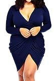 POSESHE Women's Plus Size Sexy Ruched Side Asymmetrical V Neck Bodycon Club Dress Dark Blue XX-Large