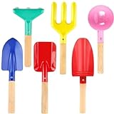 UMUACCAN 6 Piece 8'' Beach Toys for Kids, Kids Gardening Tools Sand Toys Set Metal Garden Tools with Sturdy Wooden Handle, Cylinder, Spoon, Fork, Rake, Flat Shovel & Pointed Shovel