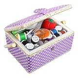Large Sewing Basket with Accessories Sewing Kit Storage and Organizer with Complete Sewing Tools - Wooden Sewing Box with Removable Tray and Tomato Pincushion for Sewing Mending - Purple