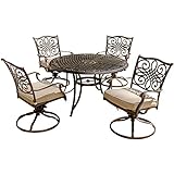Hanover Traditions 5-Piece Cast Aluminum Outdoor Patio Dining Set, 4 Swivel Rocker Chairs and 48' Round Table, Brushed Bronze Finish with Tan Cushions, Rust-Resistant, TRADITIONS5PCSW