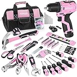 POPULO Pink Home Tool Kit 236-Piece with Brushless 12V 2000mAh Cordless Drill Driver, Lady's Basic Tool Set with 12-Inch Pink Tool Bag, Power Drill Sets Combo Kit for Women, House, DIY