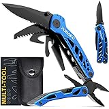 Multitool Knife, POHAKU 13 in 1 Portable Pocket Multi Tool with 3' Large Blade, Safety Locking Design, Spring-Action Plier, Durable Nylon Sheath for Outdoor, Camping, Fishing, Survival,Hiking（Blue）