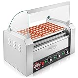 Olde Midway Electric 18 Hot Dog 7 Roller Grill Cooker Machine with Bun Warming Drawer and Cover - Commercial Grade, Stainless Steel