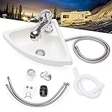 Wall Mount Corner Bathroom Sink White Acrylic Triangle Sink With Faucet Vanity Single Bowl Sink for Boat Caravan Rv Camper Kitchen Bathroom Lavatory (White, With Faucet and Inlet Pipe)