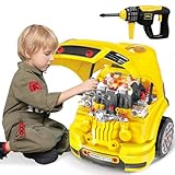 Deejoy Large Truck Builder Kit for Toddlers 3-5, Kids Mechanic Workshop Set with Light and Sound, Removable Engine, Yellow, 15.3x18.7inch