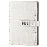 Password Diary for Adults, A5 Size PU Leather Combination Lock Diary Password Journal Locking Student Handbook Notepad and Journal Diary (White)