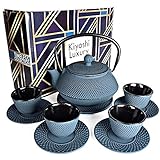 Large 11PC Japanese Tea Set 'KONJOU Blue' Cast Iron Tea Pot 26Oz with 4 Tea Cups (2Oz each), 4 Saucers, Leaf Tea Infuser and Trivet. Ceremonial Matcha Accessories