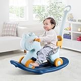 LLparty 4 in 1 Rocking Horse for Toddlers 1-3 Years Old, Baby Rocking Toy Fun Birthday Gift for 1+ Boys, Ride on Toy with Detachable Balance Board and Footrest，Balance Bike with Push Handle，Blue