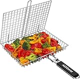 AIZOAM Portable Stainless Steel BBQ Barbecue Grilling Basket for Fish,Vegetables, Shrimp,and Steak and Chicken .Great Useful BBQ Tool.-【Bonus Additional Sauce Brush and 50 Natural Bamboo Skewers 】