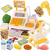 BUYGER Kids Play Cash Register with Grocery Cart, Real Electronic Scanner Calculator Microphone Speaker Credit Card Play Money Food - Pretend Play Toy Cashier Gifts for Kids Childs Toddler