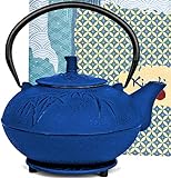 XXL Cast Iron Teapot Xtra Large Capacity 85Oz/2500ml with Trivet and Loose Leaf Tea Infuser, Large Cast Iron Teapot Kettle Stovetop Safe. Tetsubin Coated with Enamel Interior - Big Teapot Blue