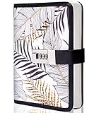 CAGIE Journal with Lock Combination Digital 224 Pages Lockable Secrets Diary, Printed Leaves Design Locking Journal for Adults, 5.1 x 7.4 Inch, White