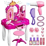 Eohemeral Toddler Makeup Table with Mirror and Chair, Kids Makeup Vanity Set with Accessories and Lights and Music Sound for Girls, Toddlers 3-5 Years Old
