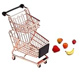 JUYUN Mini Shopping Cart,Metal Shopping Cart Toy Mini Shopping Handcart Mode Tiny Ulitily Trolley Toy for Kids Table Desk Storage Tool, Rose Gold, Double-Deck