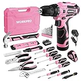 WORKPRO Pink Tool Set with Power Drill, 108PCS Portable Ladies Pink Drill Kit for Home with Toolbox and Pink Hammer, 1.5 Ah Cordless Drills with Keyless Chuck and Variable Speed Trigger - Pink Ribbon