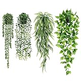 JPSOR Fake Hanging Plants, 4 Pack Artificial Potted Greenery Faux Eucalyptus Vine, Boston Fern, String of Pearls, Pothos Ivy in Pot for Home Room Wall Shelf Patio Garden Indoor Outdoor Decor