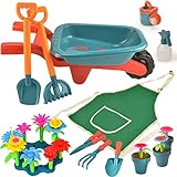 unanscre Gardening Tool Set for Kids, with Toddler Wheelbarrow, Watering Can, Spray Bottle, Double Rake, Shovel, Trowel, Pruner, Flowers Kit, Apron, Pretend Play Garden Toys for Age3+ Outdoor Yard