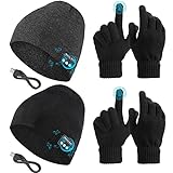 Honoson 4 Pieces Beanie Hat for Men Compatible with Bluetooth Winter Wireless Music LED Light Hat with Gloves for Men Women Sports Gifts (Black, Grey)