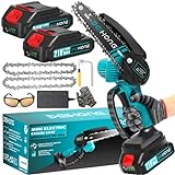 Mini Chainsaw 6-Inch with 2 Battery, Cordless power chain saws with Security Lock, Handheld Small Chainsaw for Wood Cutting Tree Trimming