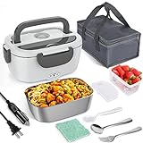 Akhia Electric Lunch Box Food Heater, 60W Heated Lunch Boxes for Adults Man Work Car Truck, Food Warmer Heating Lunch Box with 1.5L 304 Stainless Steel Container, 12V/24/V/110V