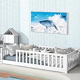 Tatub Twin Size Floor Bed for Kids with Safety Guardrails and Door and Slats, Montessori Bed Frame for Kids, Wood Montessori Floor Bed Girls & Boys, Twin-White Without Door