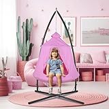 Arlopu Hanging Hammock X-Stand w/Tree Tent, Indoor Metal Swing Chair Stand w/Play Tent, Outdoor Egg Basket Patio Seat w/Support Stand, Porch Bedroom Balcony Chair w/Adjustable Solid Stand (Pink)