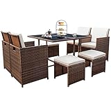 Devoko 9 Pieces Patio Dining Sets Outdoor Space Saving Rattan Chairs with Glass Table Patio Furniture Sets Cushioned Seating and Back Sectional Conversation Set (Beige)