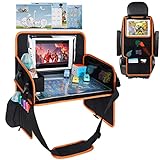 MENZOKE Kids Travel Tray, Car Seat Organizer Toddler Tray with Dry Erase Board Car Lap Desk Table with iPad Holder, Storage Pocket, Kids Active Eating Tray for Road Trip, Airplane, Stroller, Black