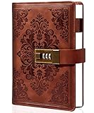 CAGIE Journal with Lock for Women and Men Lock Diary for Adults Refillable Locked Journal for Teens Boys Vintage Leather Locking Journal with Combination Passwords, 5.5'x7.8', Brown