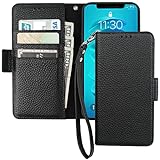 Bocasal Wallet Case for iPhone 14 Pro 5G, Genuine Leather Support Wireless Charging RFID Blocking Flip Case Card Slots Holder, Kickstand Book Folding Folio Cover with Wrist Strap 6.1 Inch(Black)
