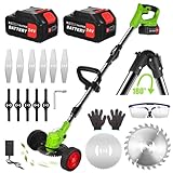 Foldable Brush Cutter Cordless Weed Wacker Electric Weed Eater Edgers with 2 Large Capacity Batteries &13 Blades, Professional Waterproof Weedeaters Battery Operated Grass Timmer for Lawn Garden Yard