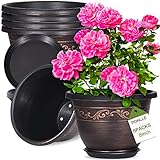 Plastic-Plant-Flower-Planters-8 Inch with Drainage Hole & Saucer, 6 Packs Lightweight Small Resin Flower Pot Indoor Outdoor, Retro Antique Imitation Decorative Garden Containers Sets for Houseplants